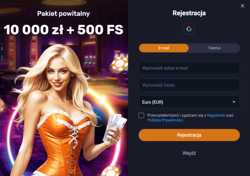 Standardowy formularz rejestracji w legalnym polskim kasynie online